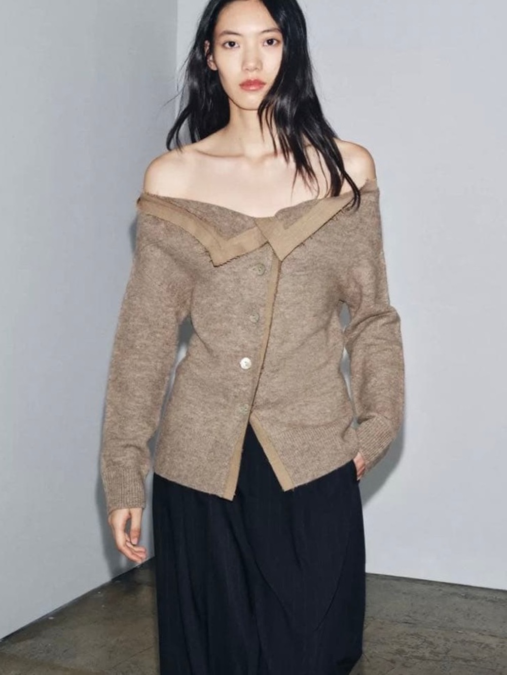 Zara Grunge Off the Shoulder Oatmeal Cardigan Knit Distressed Hem Wool Blend
